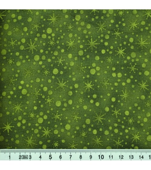 Tissu coton avec étoiles et boules de Noël vertes