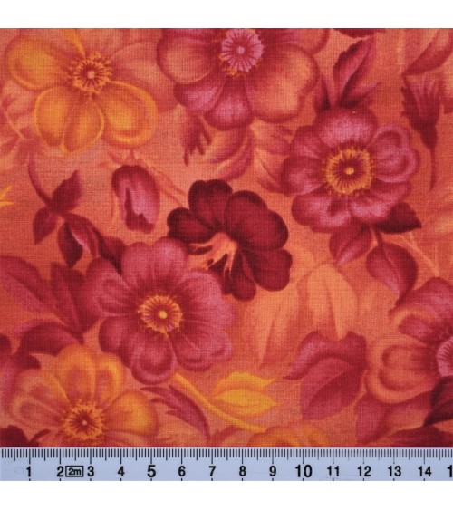 Tissu coton avec fleurs roses et orange