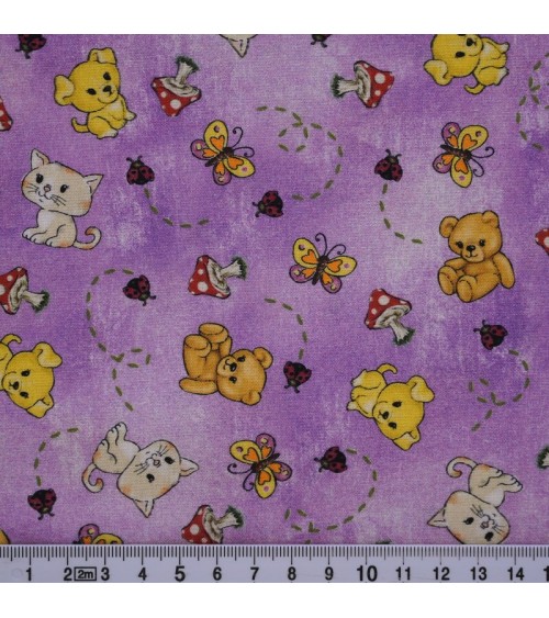 Tissu coton avec oursons, chiens et chats