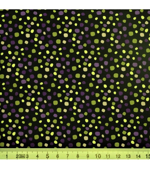 Tissu coton avec pois carrés violets et verts sur fond noir