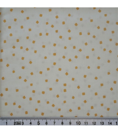 Tissu coton avec carrés jaunes sur fond blanc