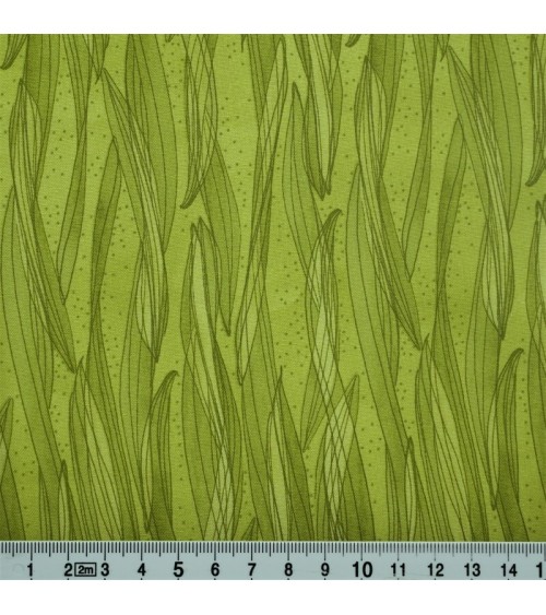 Tissu coton avec feuillage de tulipes sur fond vert