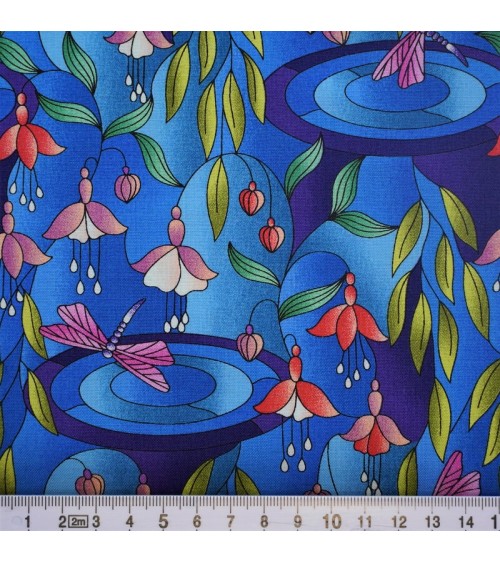 Tissu coton avec libellules et fleurs sur fond bleu