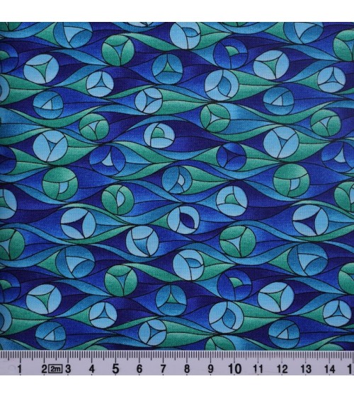 Tissu coton avec figures géométriques sur fond bleu