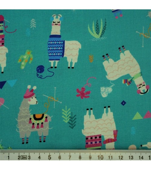 Tissu coton avec lamas sur fond bleu