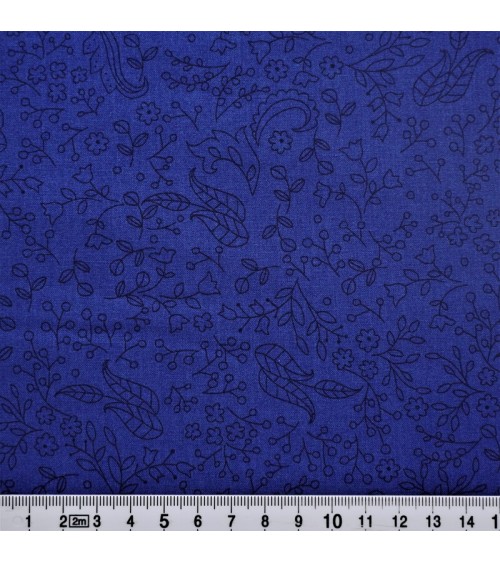 Tissu coton avec feuillage noir sur fond bleu