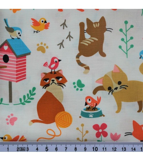 Tissu coton avec maisonnette, oiseaux et chats