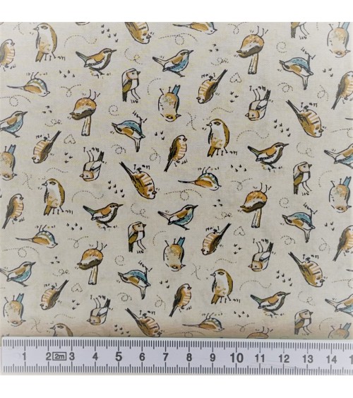 Tissu coton avec petits oiseaux bleus, bruns et orange