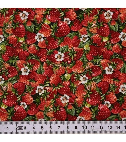 Tissu coton avec fraises, fleurs et feuillage vert