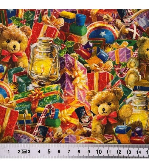 Tissu coton avec oursons, jouets et cadeaux