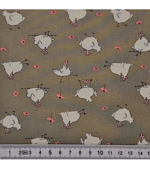 Tissu coton avec poules blanches et petites fleurs rose
