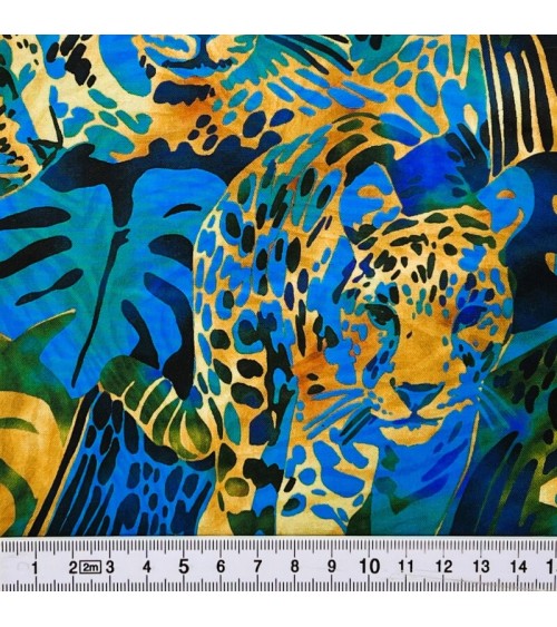 Tissu coton avec léopards beiges et bleus
