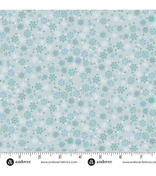 Tissu coton avec flocons bleus et verts